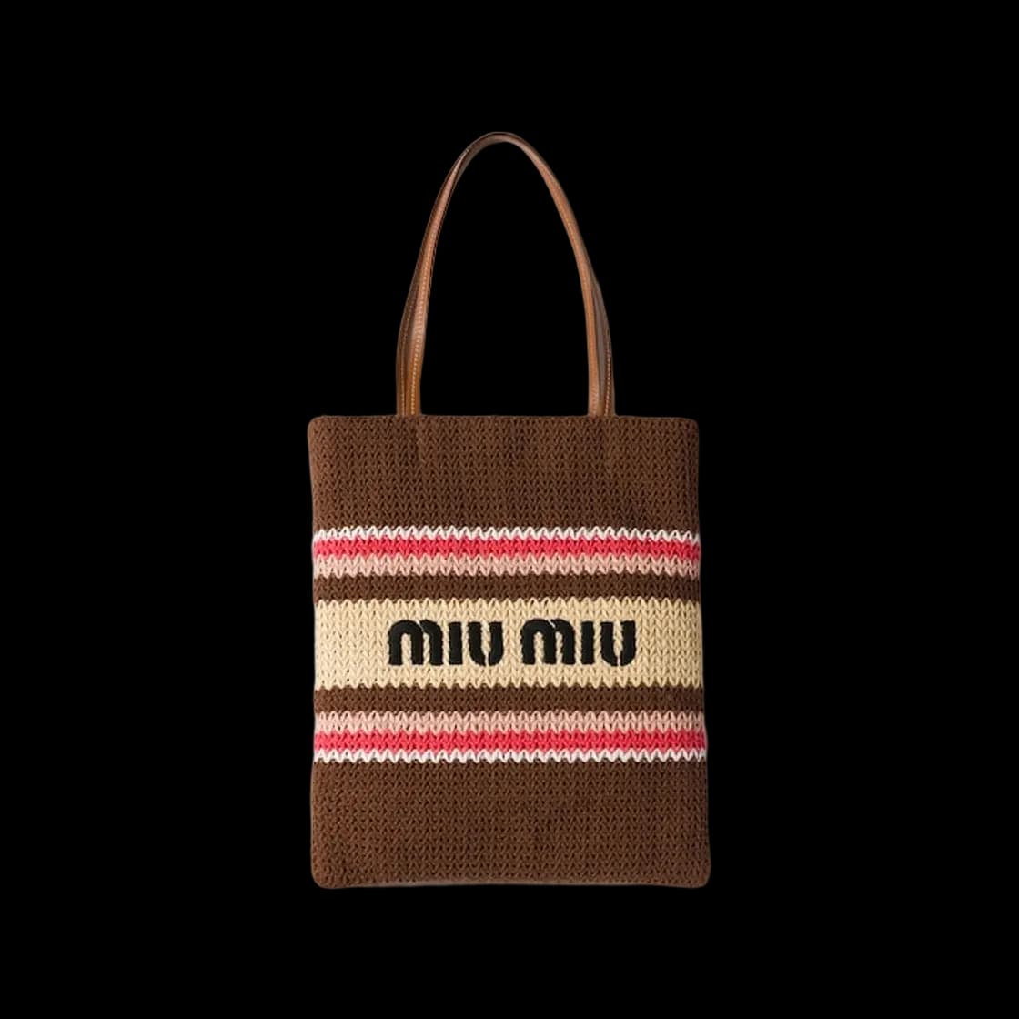 미우 미우 라피아 이펙트 우븐 토트백 토바코 스트로베리 내츄럴