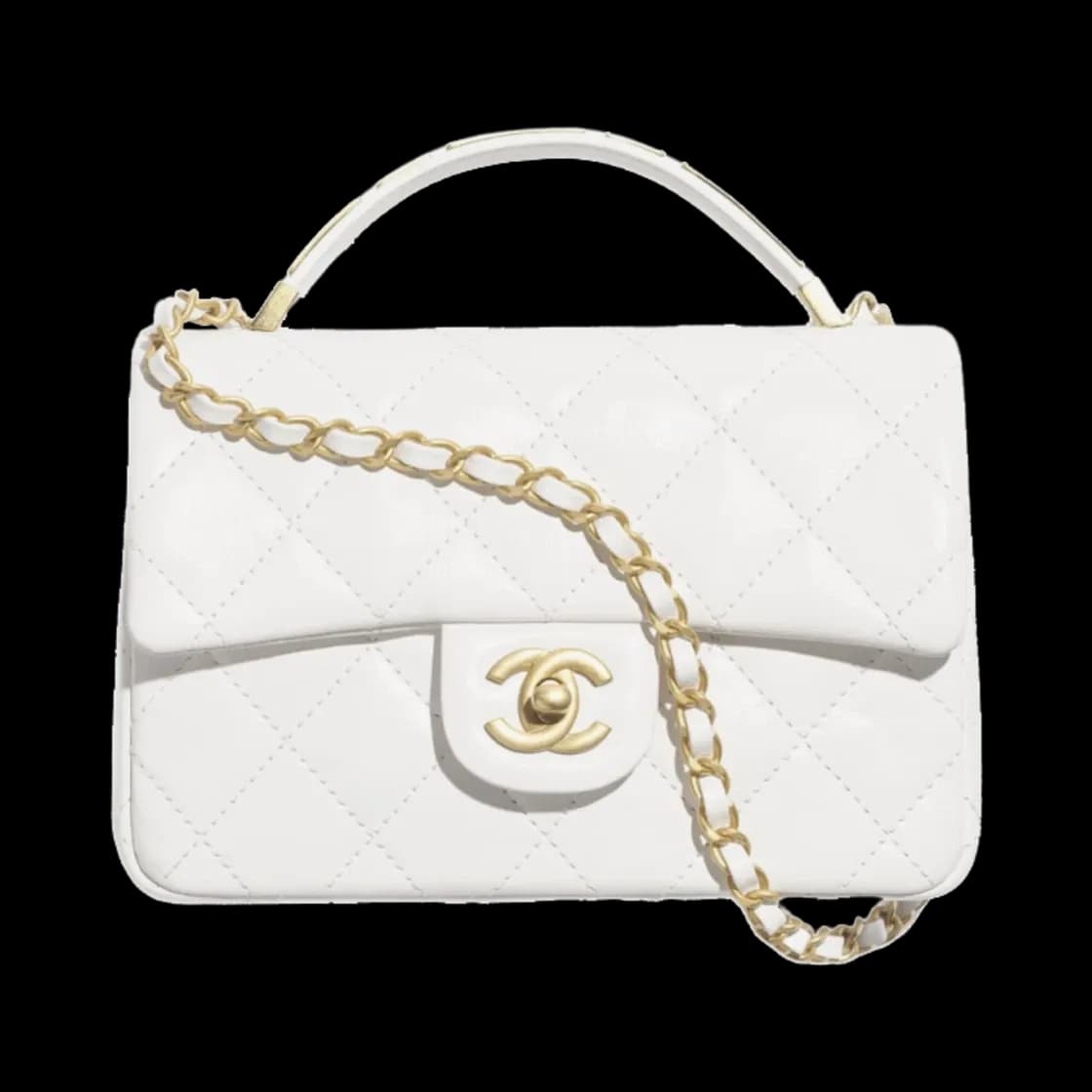 핸들 장식의 스몰 플랩백 페이턴트 카프스킨 골드 메탈 화이트